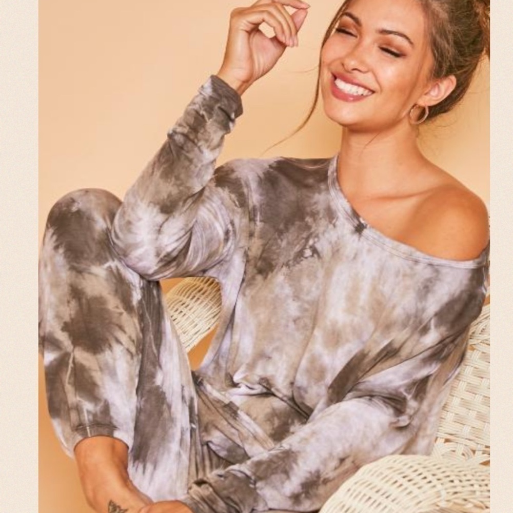 Charcoal/light Brown Long Sleeve Tie Dye Top